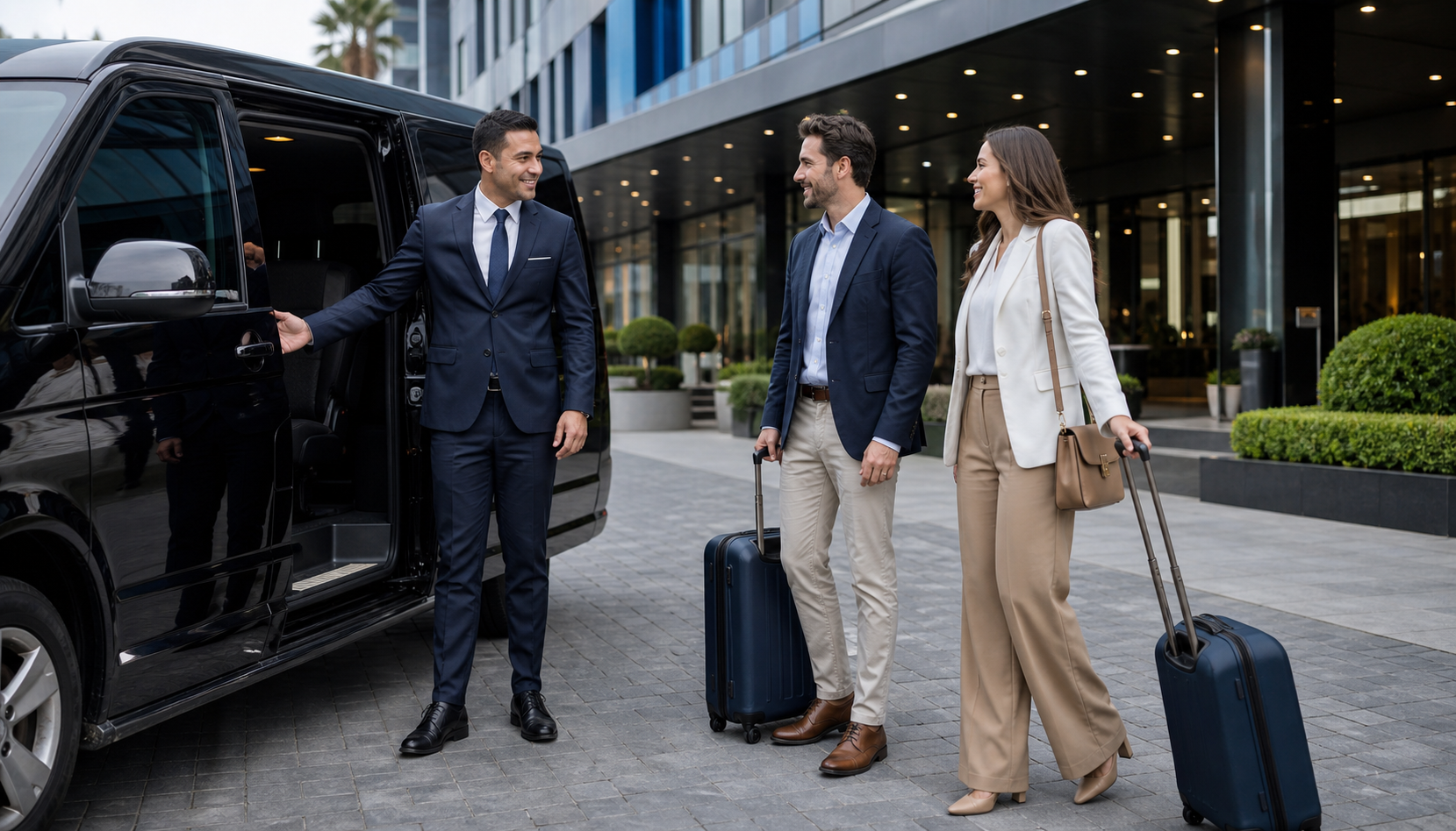 Conductor privado recibiendo pasajeros para traslado a evento